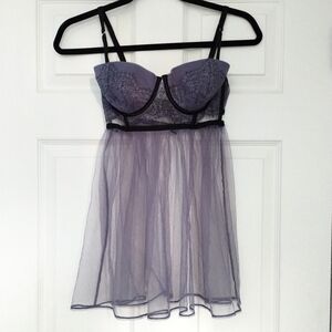 Victoria's Secret Purple Black Babydoll Chemise Lingerie Size 36C Tule Sexy